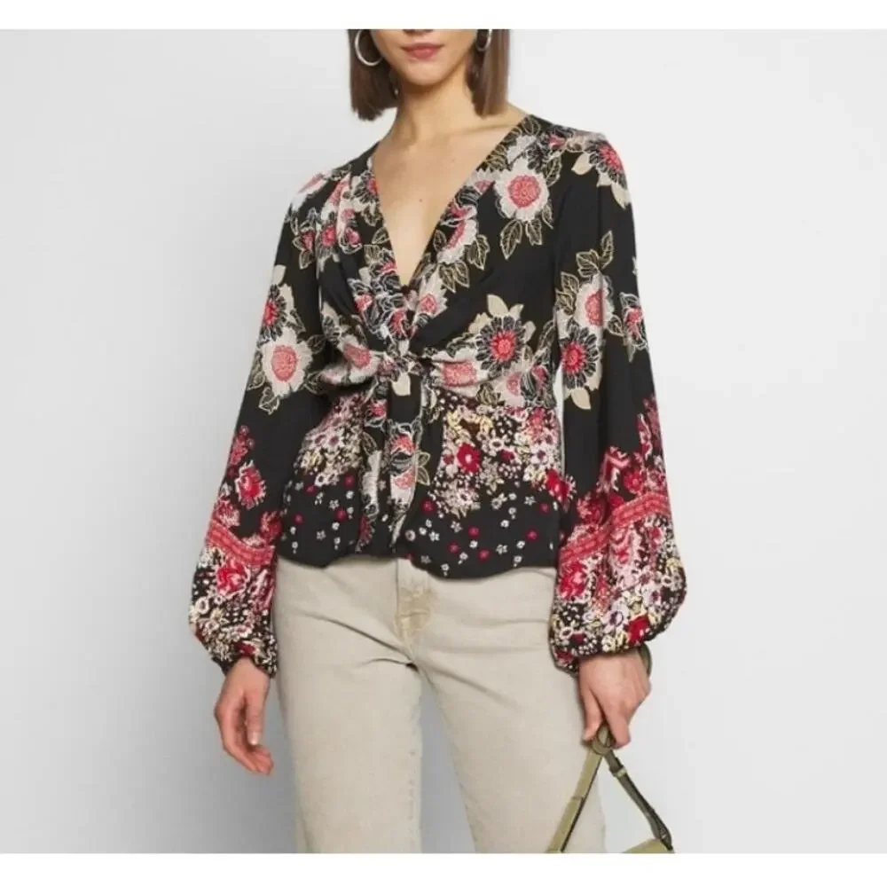 Free People Womens Blouse Black Floral Henley 'Run Free' Long Puff Sleeve Medium
